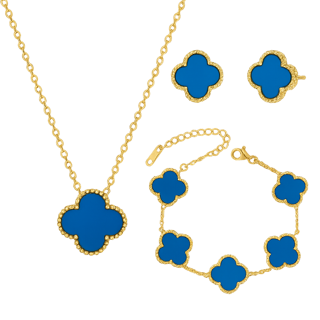 Set Bijuterii în formă de Trifoi Albastru / Auriu