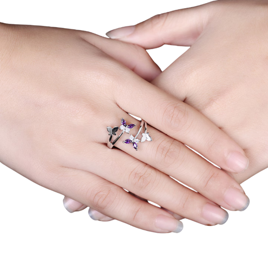 Inel în formă de Fluture Mov / Argintiu în Relief