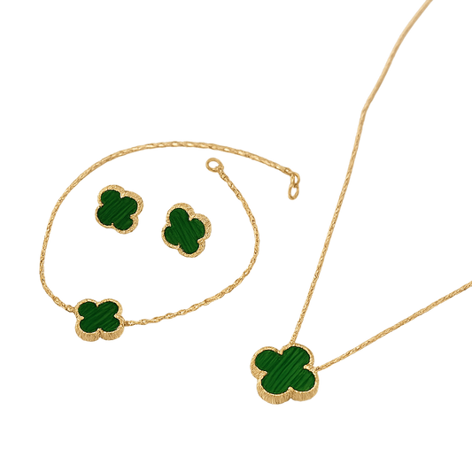 Set cadou Bijuterii în formă de Trifoi Verde / Auriu