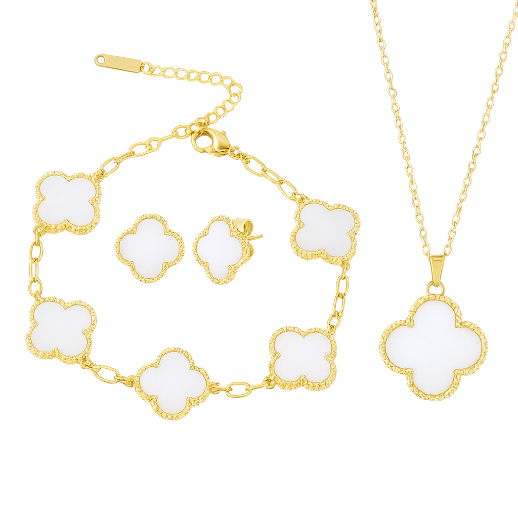 Set Bijuterii în formă de Trifoi Alb / Auriu