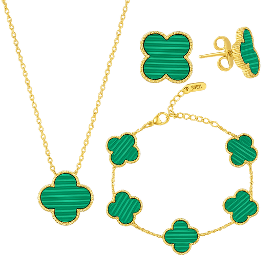 Set Bijuterii în formă de Trifoi Verde / Auriu